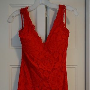 Allover Lace V-Neck Gown with Eyelash Trim Red